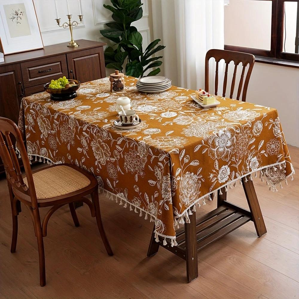 Peacock Blossom Boho Floral Tablecloth with Tassel by Casa & Beyond