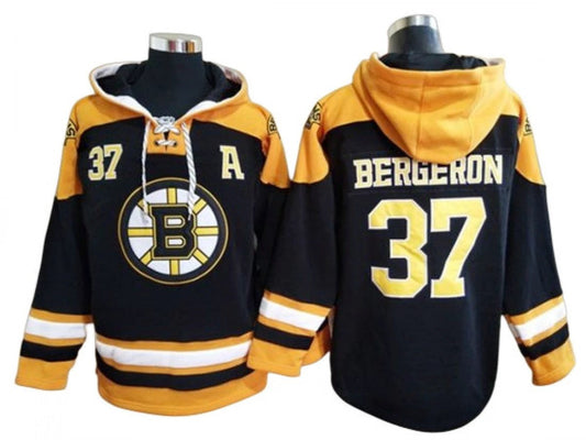 Boston Bruins #37 Patrice Bergeron Black Ageless Must-Have Lace-Up Pullover Hoodie by Hoodie Pullover