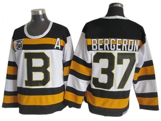 Boston Bruins #37 Patrice Bergeron White 1992 75th Vintage CCM Jersey by Hockey David