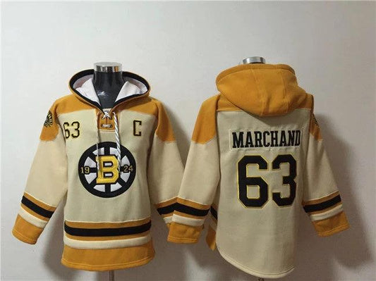 Boston Bruins #63 Brad Marchand Cream Ageless Must-Have Lace-Up Pullover Hoodie by Hoodie Pullover