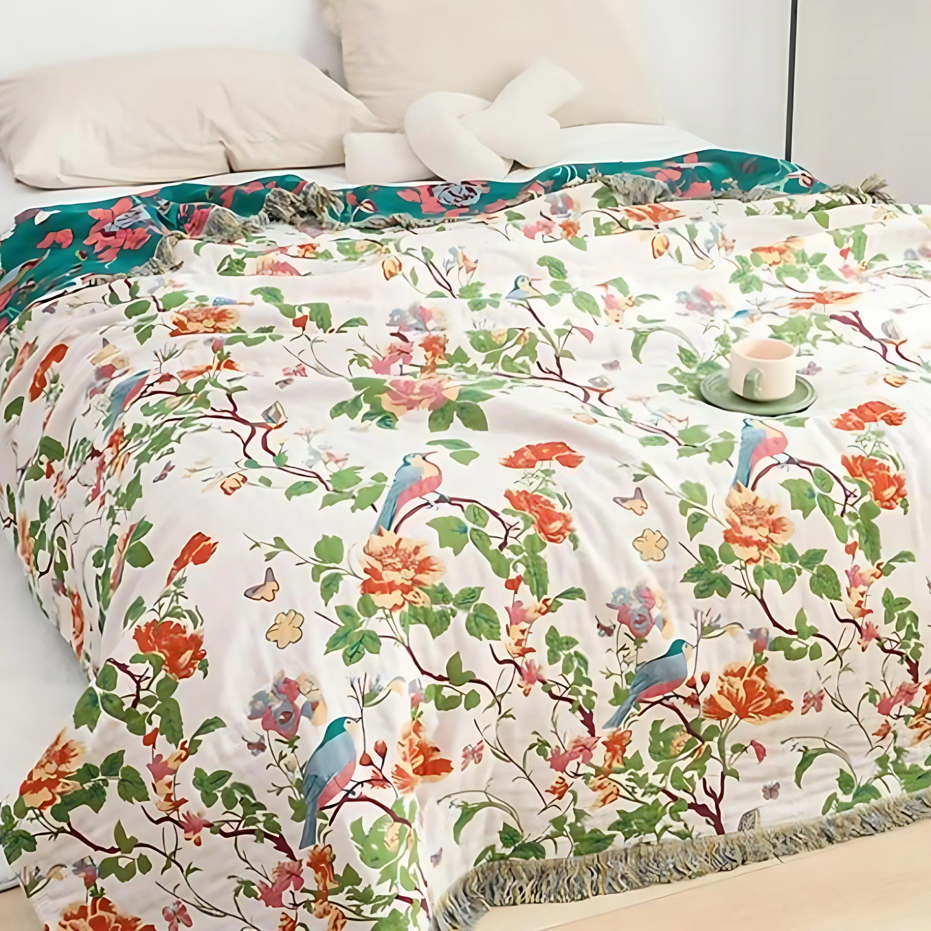 Botanic Bluebird Reversible Cotton Blanket by Casa & Beyond
