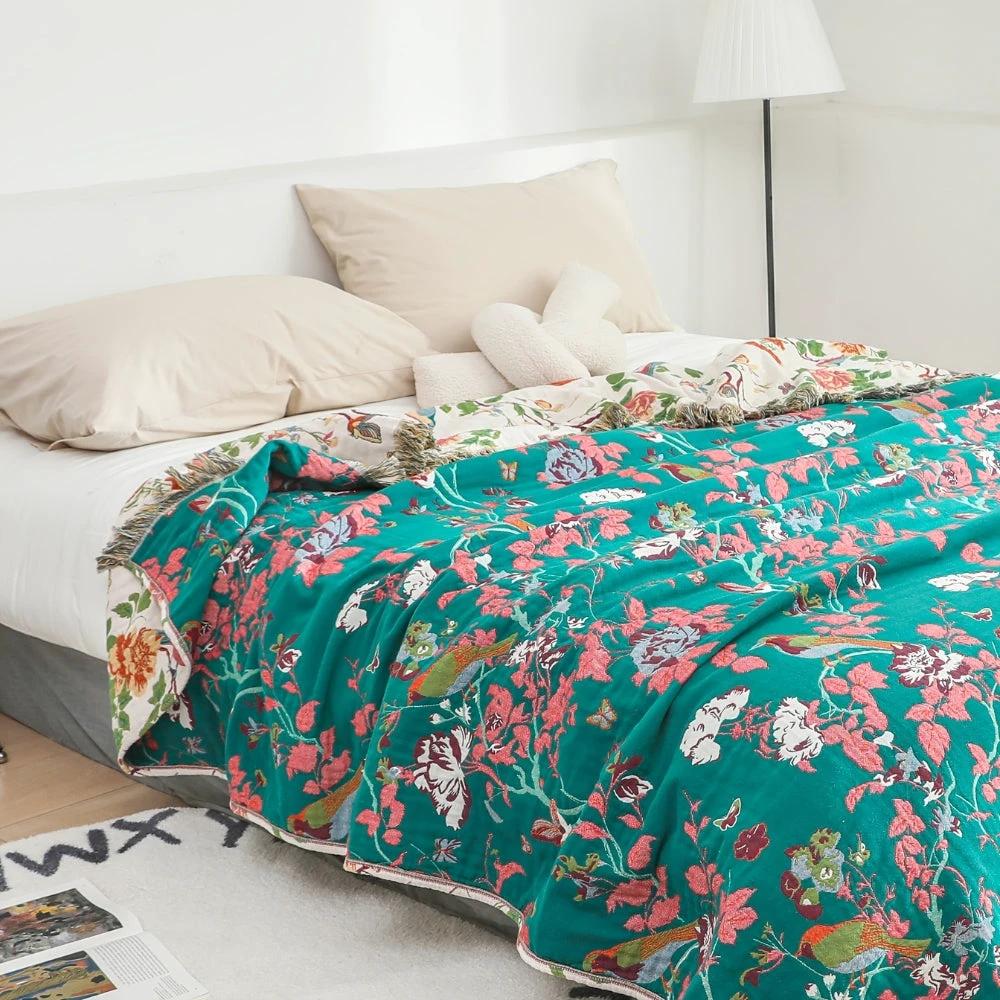 Botanic Bluebird Reversible Cotton Blanket by Casa & Beyond