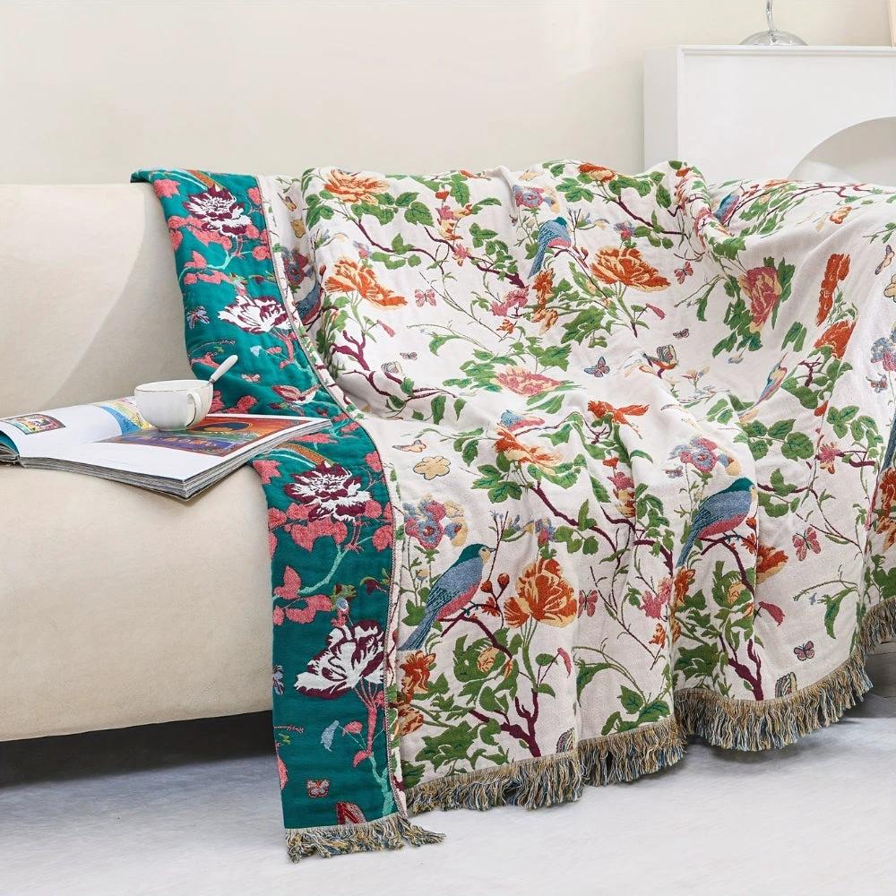 Botanic Bluebird Reversible Cotton Blanket by Casa & Beyond