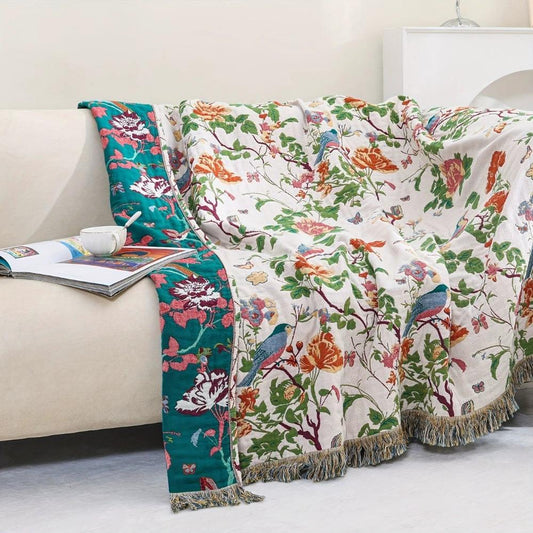 Botanic Bluebird Reversible Cotton Blanket by Casa & Beyond