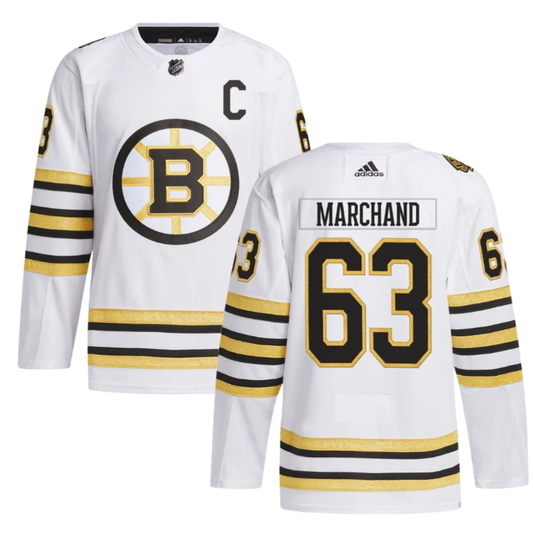 Brad Marchand 63 Boston Bruins 100th Anniversary Primegreen Away Men Jersey White by Hockey David
