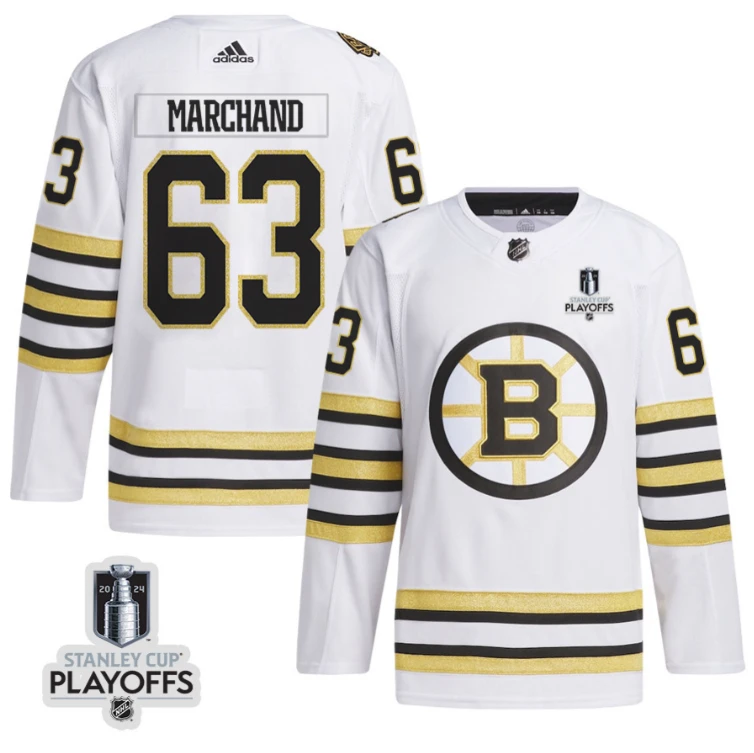 Brad Marchand 63 Boston Bruins 2024 NHL Playoffs Patch Away Jersey - Men, White by Hockey David
