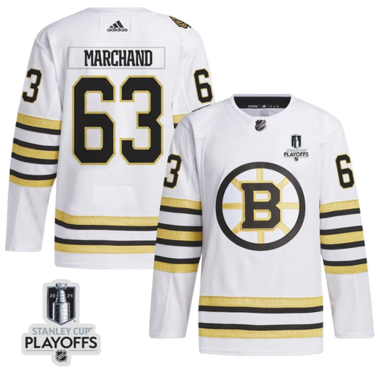 Brad Marchand 63 Boston Bruins 2024 NHL Playoffs Patch Away Jersey - Men, White by Hockey David