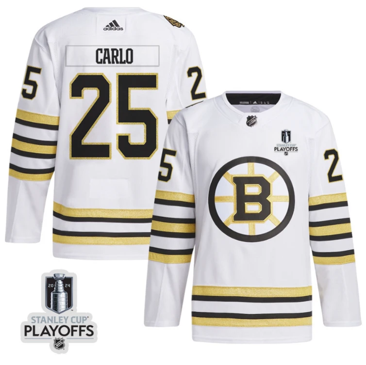 Brandon Carlo 25 Boston Bruins 2024 NHL Playoffs Patch Away Jersey - Men, White by Hockey David