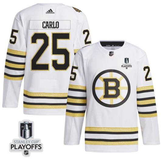 Brandon Carlo 25 Boston Bruins 2024 NHL Playoffs Patch Away Jersey - Men, White by Hockey David