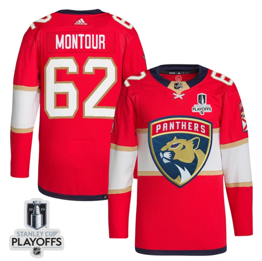 Brandon Montour 62 Florida Panthers 2024 NHL Playoffs Patch Home Jersey - Men, Red by Hockey David