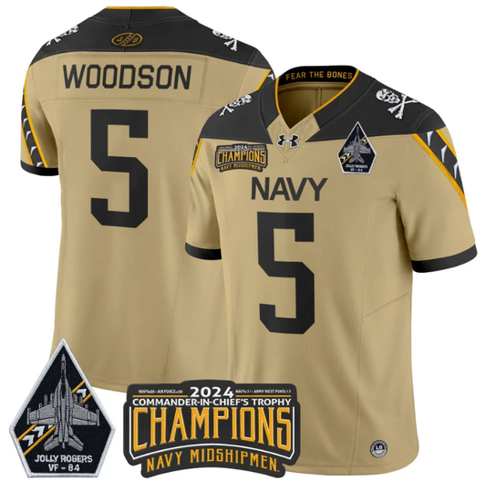 Braxton Woodson Jersey #5 Navy Midshipmen 2024 Jolly Rogers Champions Gold by NCAA Football Jersey