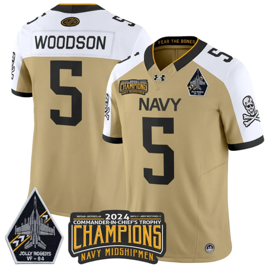 Braxton Woodson Jersey #5 Navy Midshipmen 2024 Jolly Rogers Champions Gold White by NCAA Football Jersey