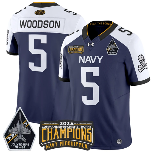 Braxton Woodson Jersey #5 Navy Midshipmen 2024 Jolly Rogers Champions Navy White by NCAA Football Jersey