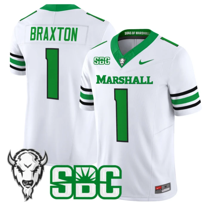 Braylon Braxton Jersey #1 Marshall Thundering Herd 2025 Stitched White by NCAA Football Jersey