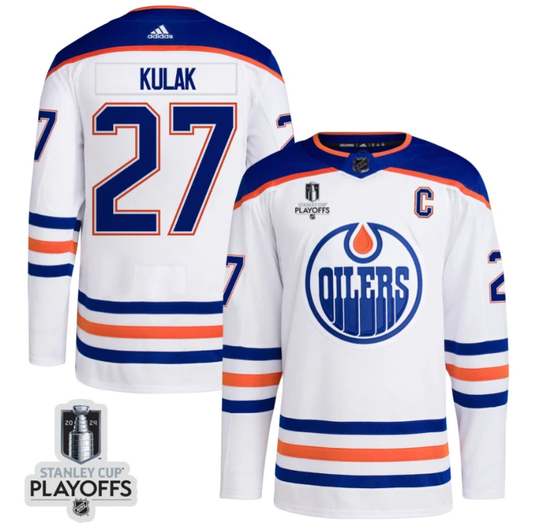 Brett Kulak 27 Edmonton Oilers 2024 NHL Playoffs Patch Away Jersey - Men, White by Hockey David