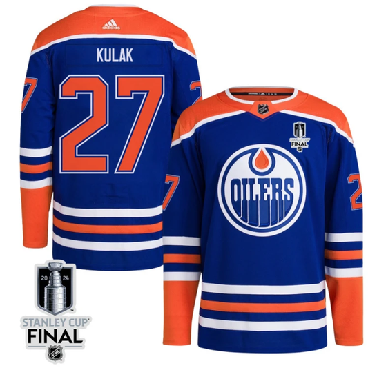 Brett Kulak 27 Edmonton Oilers 2024 STANLEY CUP Final Home Primegreen Jersey Men, Royal by Hockey David