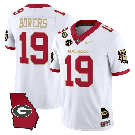 Brock Bowers Jersey #19 Georgia Bulldogs 2025 Georgia Map, Vince Dooley Stitched White Gold Trim by My Store