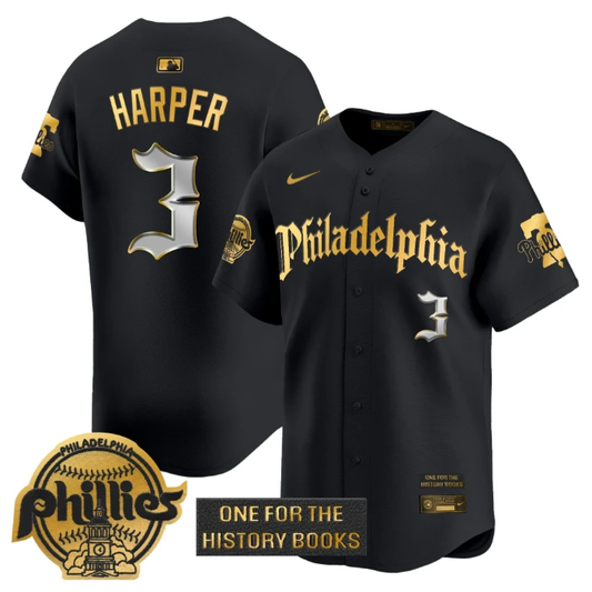 Bryce Harper Jersey #3 Phillies Retro Newspaper Edition Gold Vapor Premier Stitched Black Gold by My Store