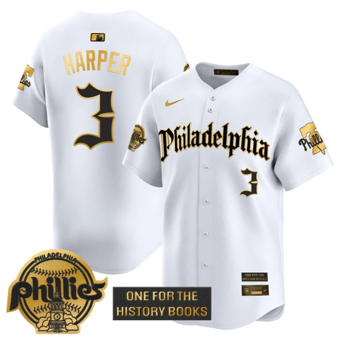 Bryce Harper Jersey #3 Phillies Retro Newspaper Edition Gold Vapor Premier Stitched White Gold by My Store
