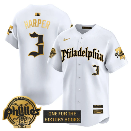 Bryce Harper Jersey #3 Phillies Retro Newspaper Edition Gold Vapor Premier Stitched White Gold by My Store