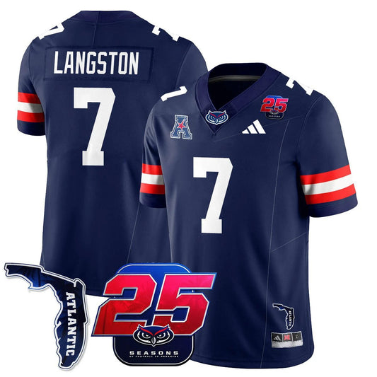 Bryce Langston Jersey #7 Florida Atlantic Football 25th Season Stitched Navy by NCAA Football Jersey