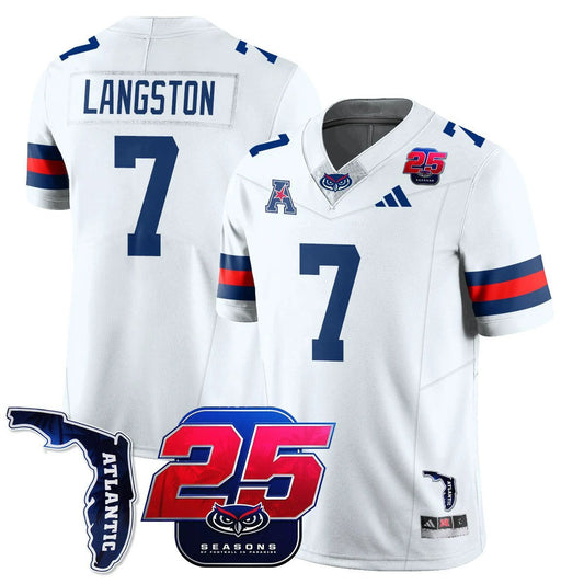 Bryce Langston Jersey #7 Florida Atlantic Football 25th Season Stitched White by NCAA Football Jersey