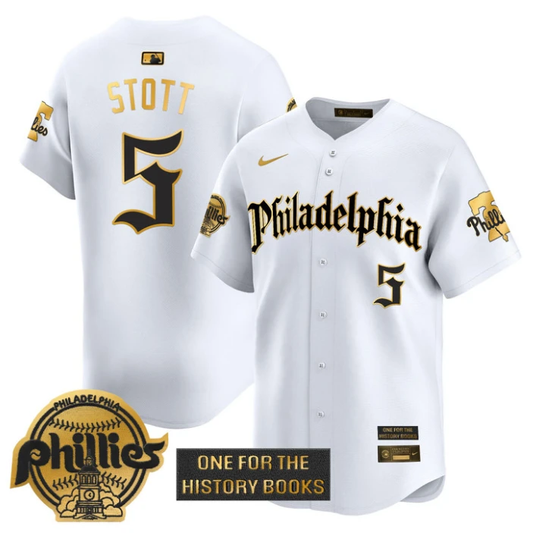 Bryson Stott Jersey #5 Phillies Retro Newspaper Edition Gold Vapor Premier Stitched White Gold by My Store
