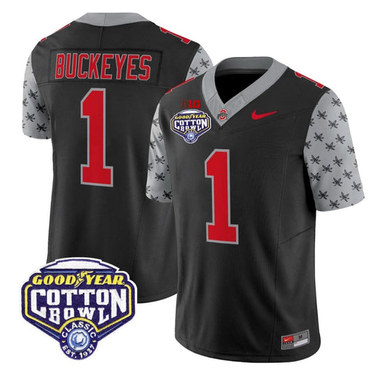 Buckeyes Jersey #1 Ohio State 2025 Cotton Bowl Patch Limited Stitched Black by NCAA Football Jersey