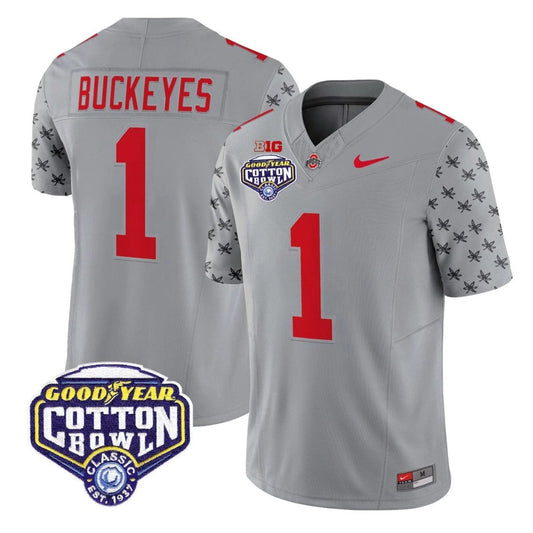 Buckeyes Jersey #1 Ohio State 2025 Cotton Bowl Patch Limited Stitched Gray by NCAA Football Jersey