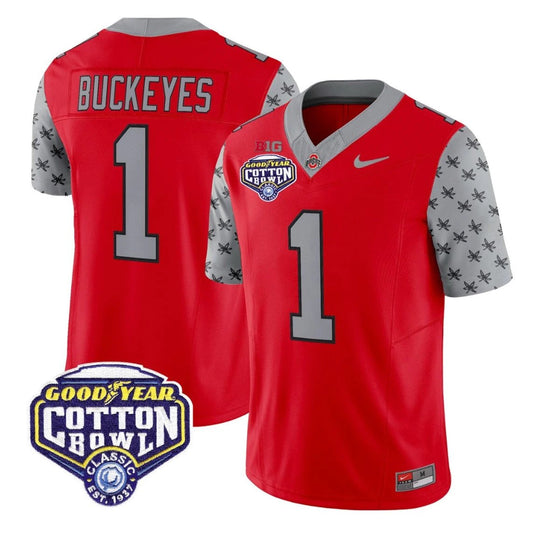 Buckeyes Jersey #1 Ohio State 2025 Cotton Bowl Patch Limited Stitched Red by NCAA Football Jersey