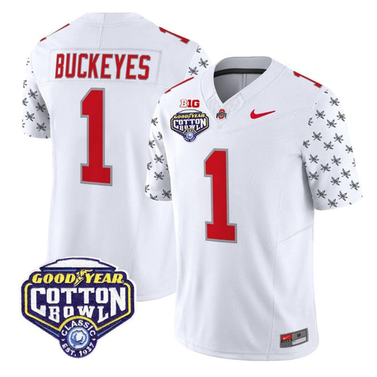 Buckeyes Jersey #1 Ohio State 2025 Cotton Bowl Patch Limited Stitched White Limited by NCAA Football Jersey