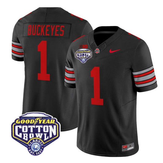 Buckeyes Jersey #1 Ohio State Heritage Stripe 2025 Cotton Bowl Stitched Black by NCAA Football Jersey