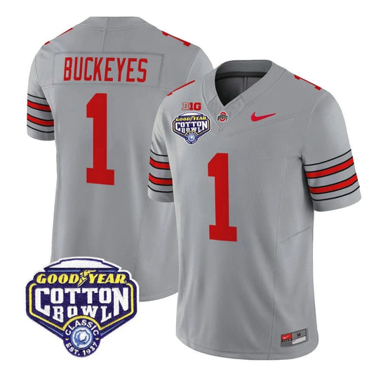 Buckeyes Jersey #1 Ohio State Heritage Stripe 2025 Cotton Bowl Stitched Gray by NCAA Football Jersey