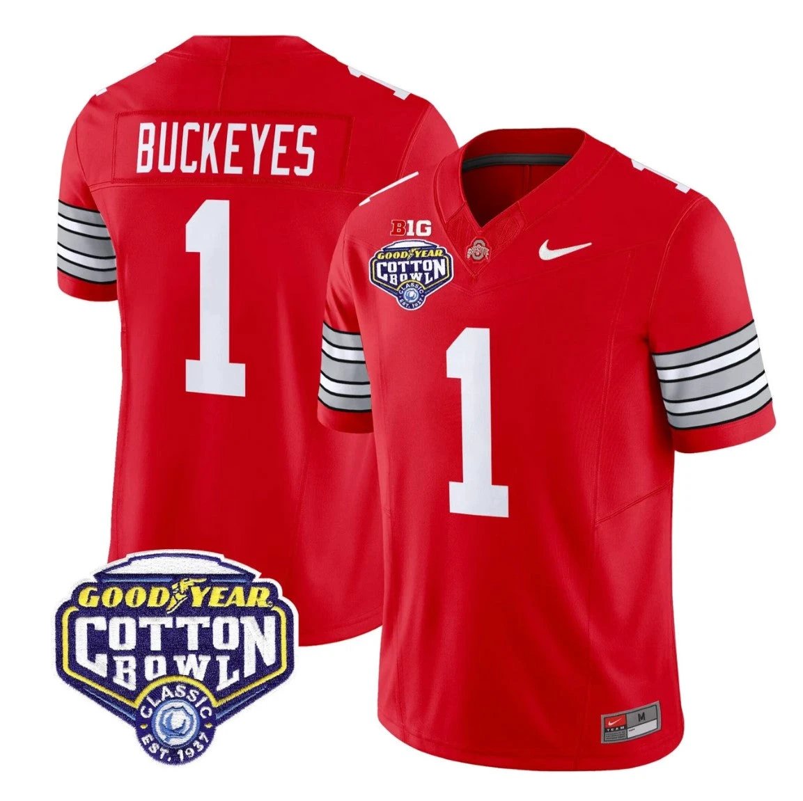 Buckeyes Jersey #1 Ohio State Heritage Stripe 2025 Cotton Bowl Stitched Red by NCAA Football Jersey