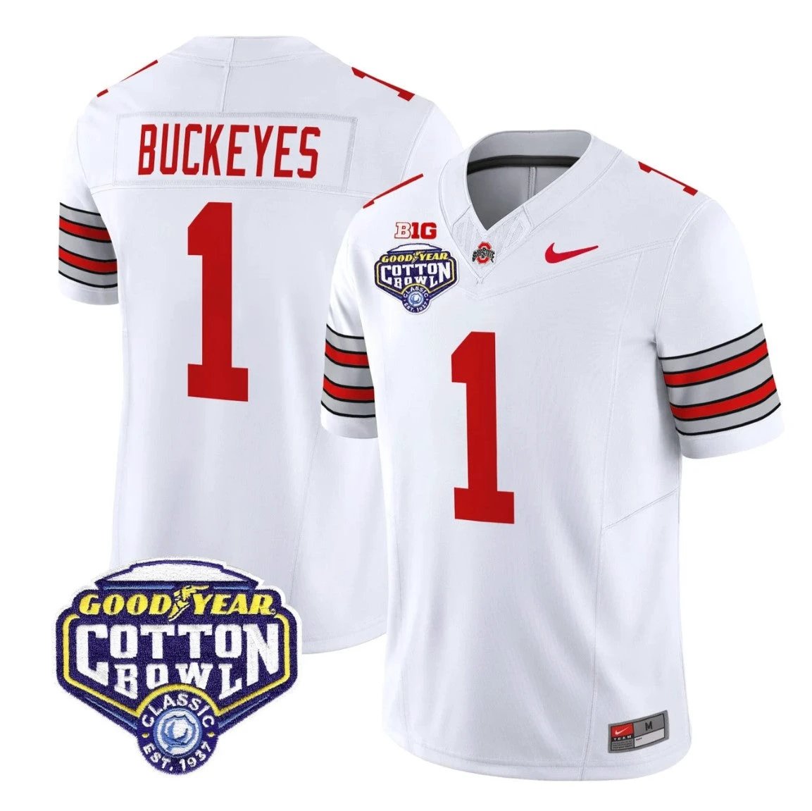 Buckeyes Jersey #1 Ohio State Heritage Stripe 2025 Cotton Bowl Stitched White by NCAA Football Jersey
