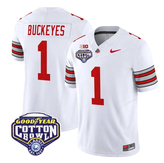 Buckeyes Jersey #1 Ohio State Heritage Stripe 2025 Cotton Bowl Stitched White by NCAA Football Jersey