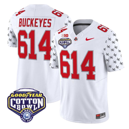 Buckeyes Jersey #614 Ohio State 2025 Cotton Bowl Patch Vapor Stitched White Limited by NCAA Football Jersey