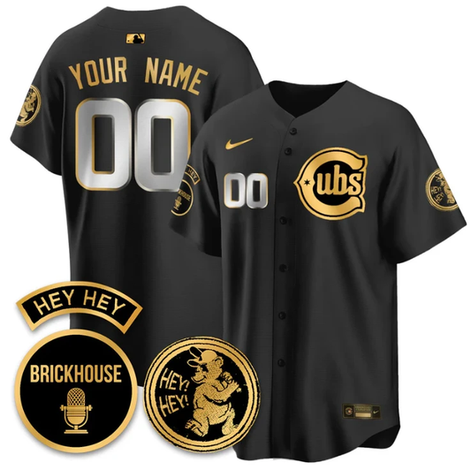 Custom Chicago Cubs Jersey Jack Brickhouse Hey Hey Patch Limited Stitched Black Gold by My Store