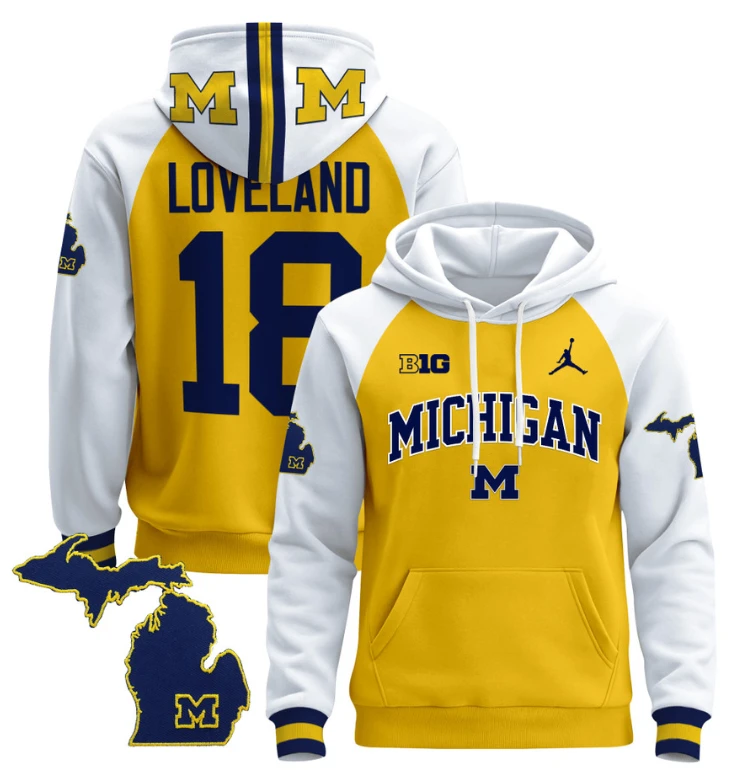 Colston Loveland Hoodie #18 Michigan Wolverines 2024 Pullover V2 Maize Alternate by Hoodie Pullover