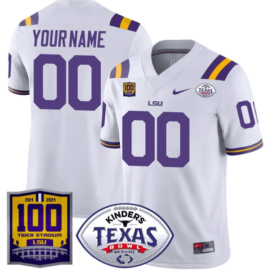 Custom LSU Tigers Jersey 100 Years of Tiger Stadium and Texas Bowl Patch White by NCAA Football Jersey