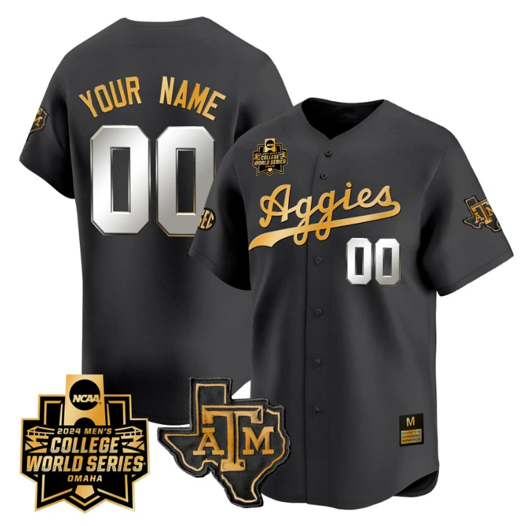 Custom Texas AM Aggies Jersey 2024 College World Series Vapor Premier Limited NCAA Baseball Stitched Black Gold by My Store