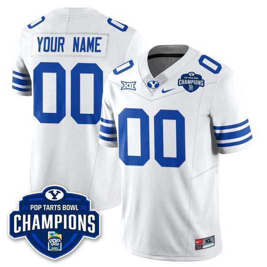 Custom BYU Cougars Jersey 2025 Pop-Tarts Bowl Champions Patch Stitched White by NCAA Football Jersey
