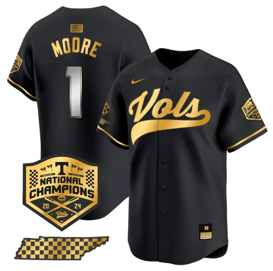 Christian Moore Jersey #1 Tennessee Volunteers Baseball 2024 Champions Vapor Premier Limited Black Gold by My Store
