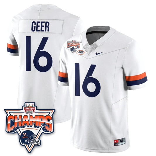 Cole Geer Jersey #16 Virginia Cavaliers 2025 Gator Bowl Champions Stitched White by NCAA Football Jersey