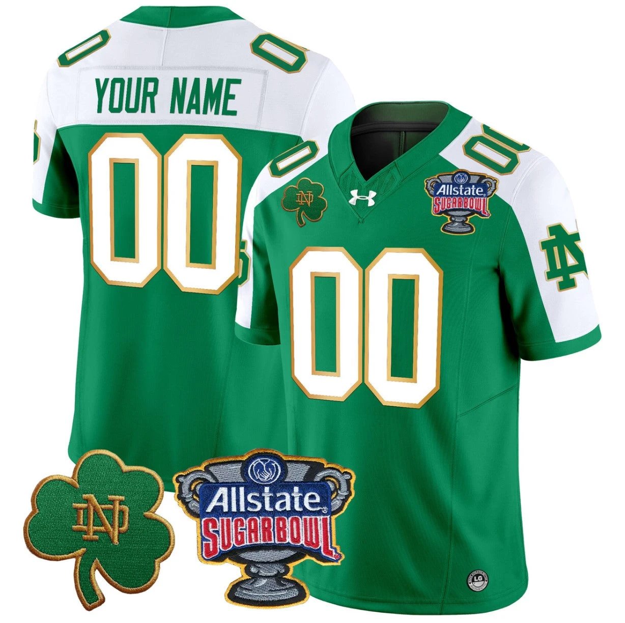 Custom Notre Dame Jersey Name, Number 2024 Sugar Bowl Patch V2 Green Alternate by NCAA Football Jersey