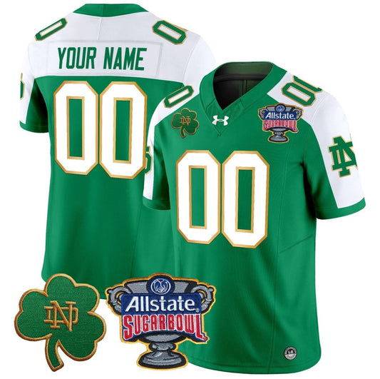 Custom Notre Dame Jersey Name, Number 2024 Sugar Bowl Patch V2 Green Alternate by NCAA Football Jersey