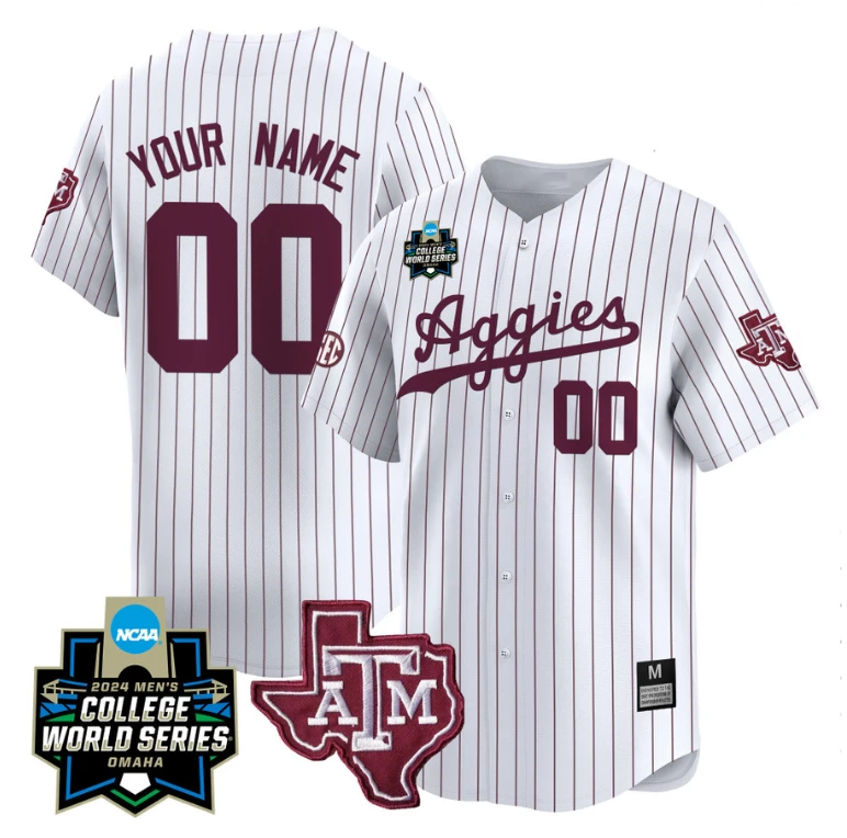 Custom Texas AM Aggies Jersey 2024 College World Series Vapor Premier Limited NCAA Baseball Stitched White Pinstripe by My Store
