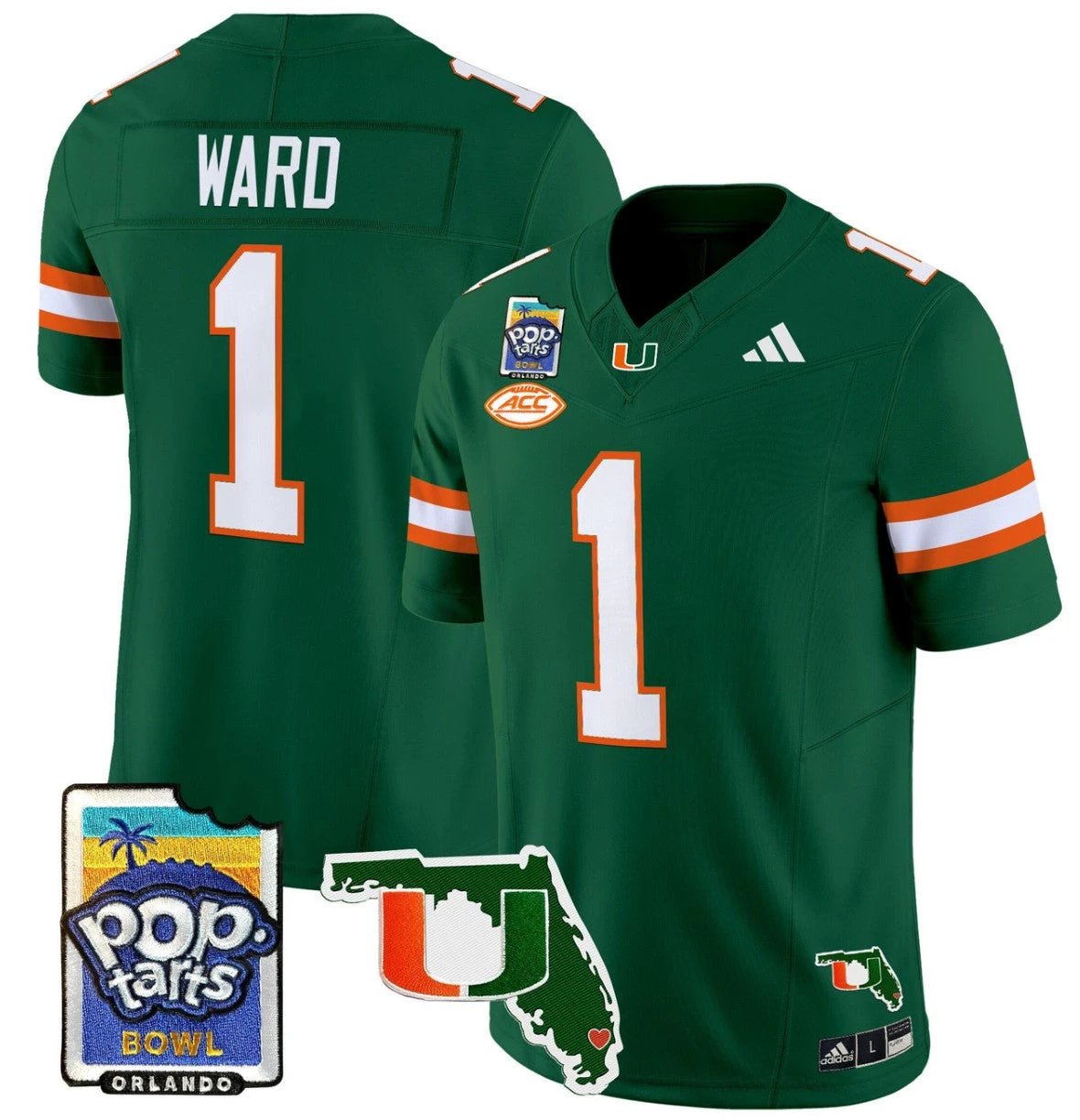 Cam Ward Jersey #1 Miami Hurricanes 2025 PopTarts Bowl Patch Green by My Store