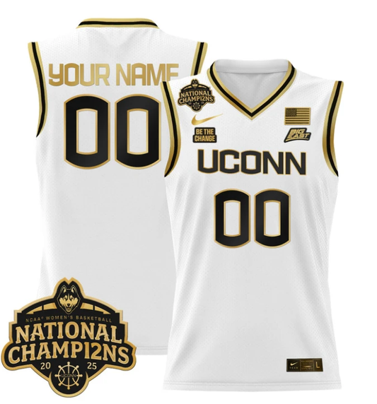 Custom UConn Huskies Jersey 2025 National Champions Patch Stitched White Gold by My store basketball