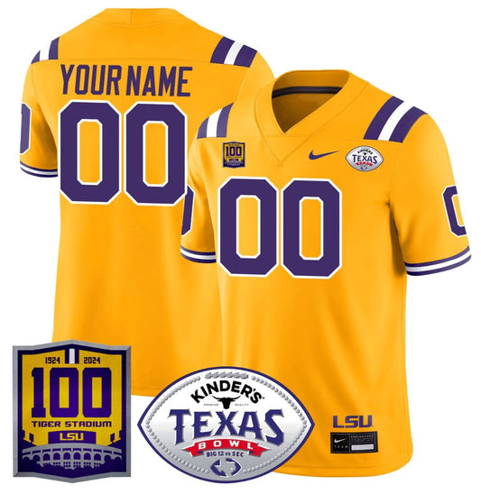 Custom LSU Tigers Jersey 100 Years of Tiger Stadium and Texas Bowl Patch Gold by NCAA Football Jersey